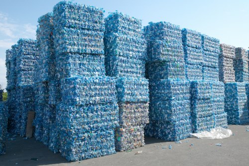 A large outdoor storage area near Norwood featuring numerous tightly packed stacks of crushed plastic bottles, primarily blue, with some clear and green bottles mixed in. The bottles are compressed into rectangular blocks, creating a textured surface with visible ridges and creases from the compression process. The stacks are arranged on concrete ground, with some bottles scattered at the base, and are surrounded by an open sky. The environment appears to be an industrial site focused on waste collection or recycling, consistent with rubbish removal services such as those offered by Garden Clearance Norwood. The scene emphasizes the volume of recyclable plastic waste awaiting collection or processing, with no vehicles or personnel visible in the immediate area.