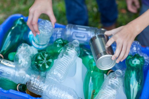 Recycling bins organized in a corporate environment